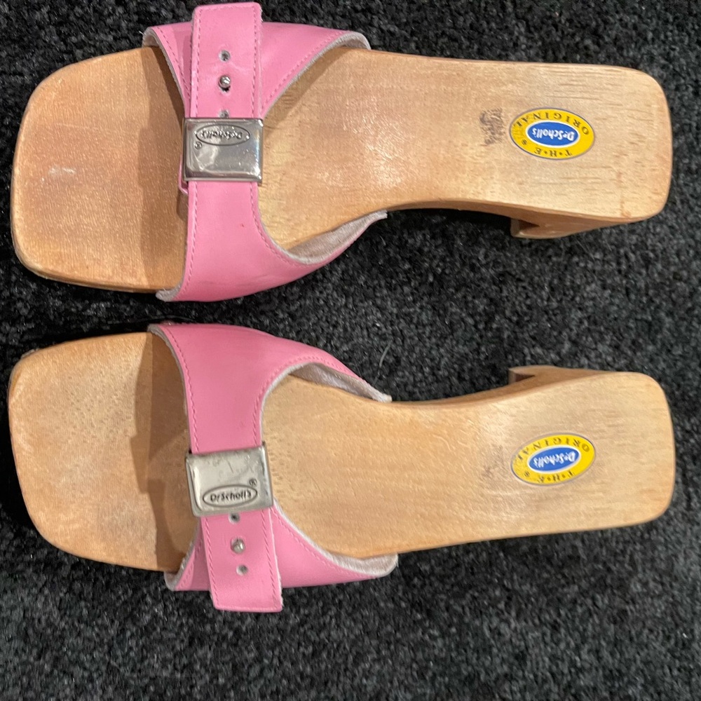 Dr. Scholl's Pink Leather Wood-Soled Slide Sandals with Silver Buckle